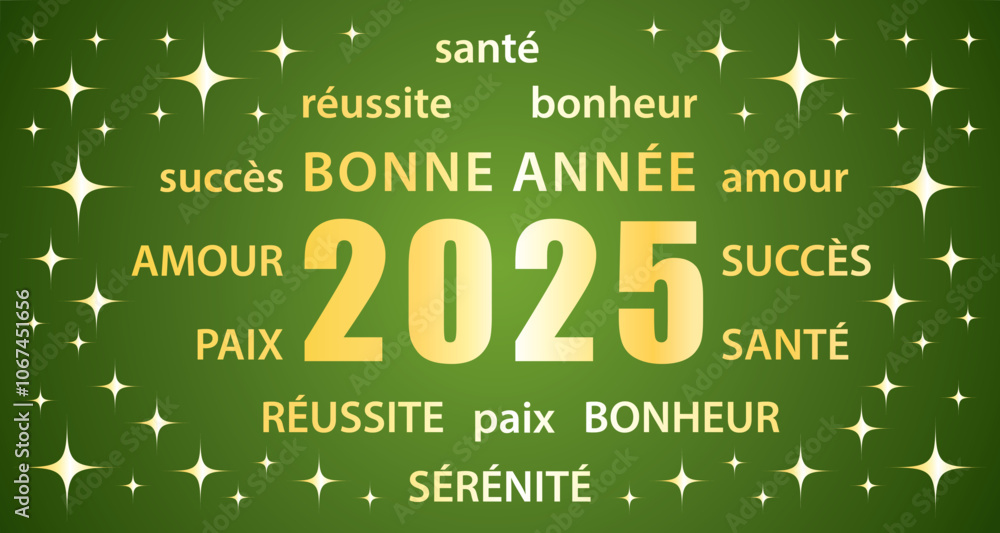 2025 Happy New Year. French language. Green and gold greeting card with best wishes. Hand drawn vector illustration banner.