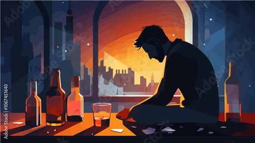 Illustration on the topic of alcoholism. Alcohol abuse. Bad habit.