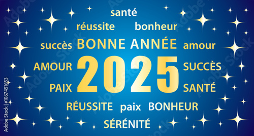 Obraz na płótnie 2025 Happy New Year. French language. Blue and gold greeting card with best wishes. Hand drawn vector illustration banner. w salonie