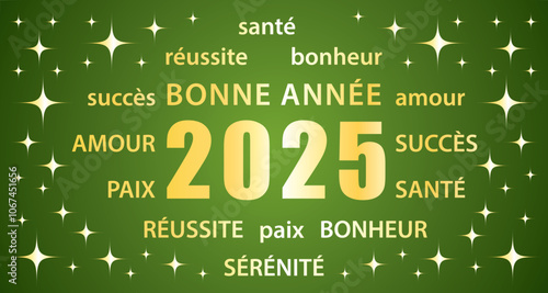 Obraz na płótnie 2025 Happy New Year. French language. Green and gold greeting card with best wishes. Hand drawn vector illustration banner. w salonie