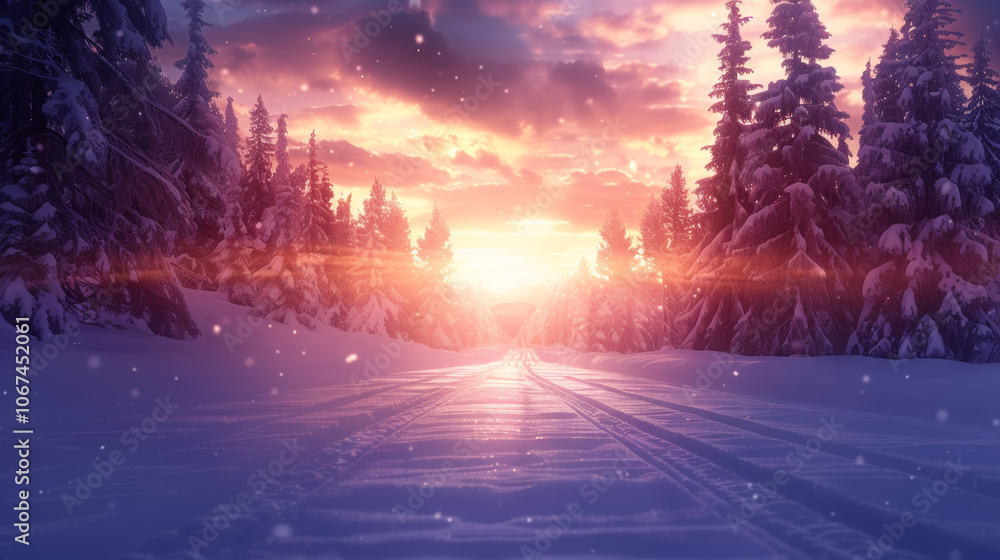 Snow-covered trees line a path leading to a stunning sunset in a winter wonderland. Snow-covered trees line a path leading to a stunning sunset in a winter wonderland.