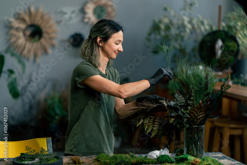 in large green workshop a thin woman with green hair in black gloves at a large table collects a composition from stabilized moss