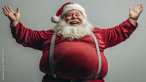 Cheerful Santa Claus dancing with a big belly in a red outfit with suspenders isolated plain background enhances his character photo