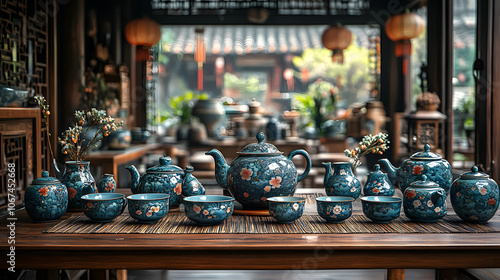 A traditional Chinese tea ceremony setting with delicate teapots and cups arranged on a wooden tea tray, evoking elegance and cultural heritage 