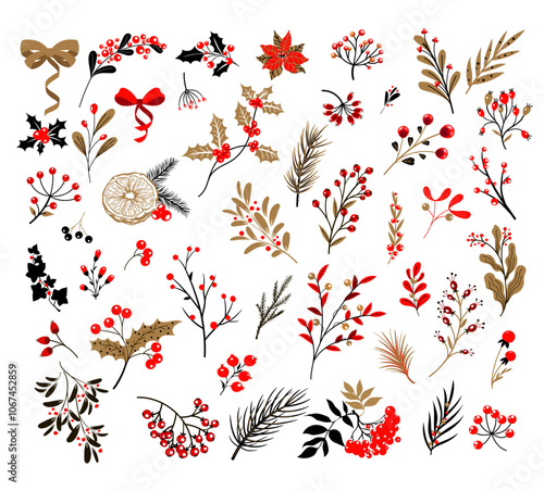 Set of handmade Christmas decorative plant elements