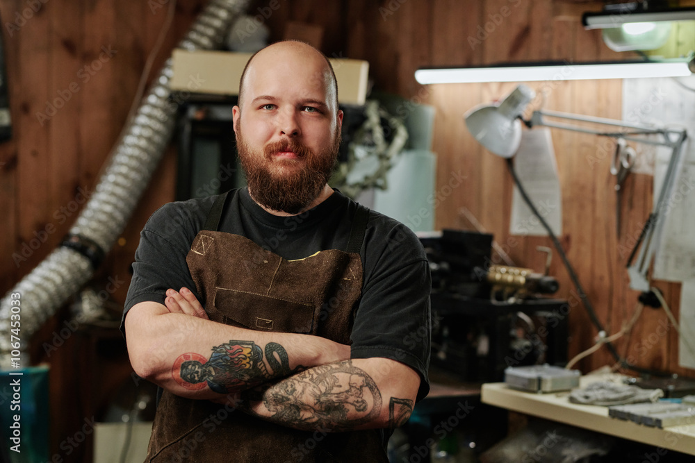Young bearded technician with tattoos on muscular arms looking at camera while standing by workplace in recycling factory Young bearded technician with tattoos on muscular arms looking at camera while standing by workplace in recycling factory