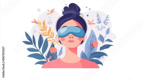 A serene woman wearing a sleep mask, surrounded by calming plants and decorative elements, embodying relaxation and tranquility.