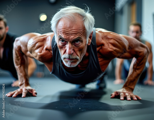 Hombre mayor musculoso y enfocado haciendo flexiones en grupo en un gimnasio moderno. photo