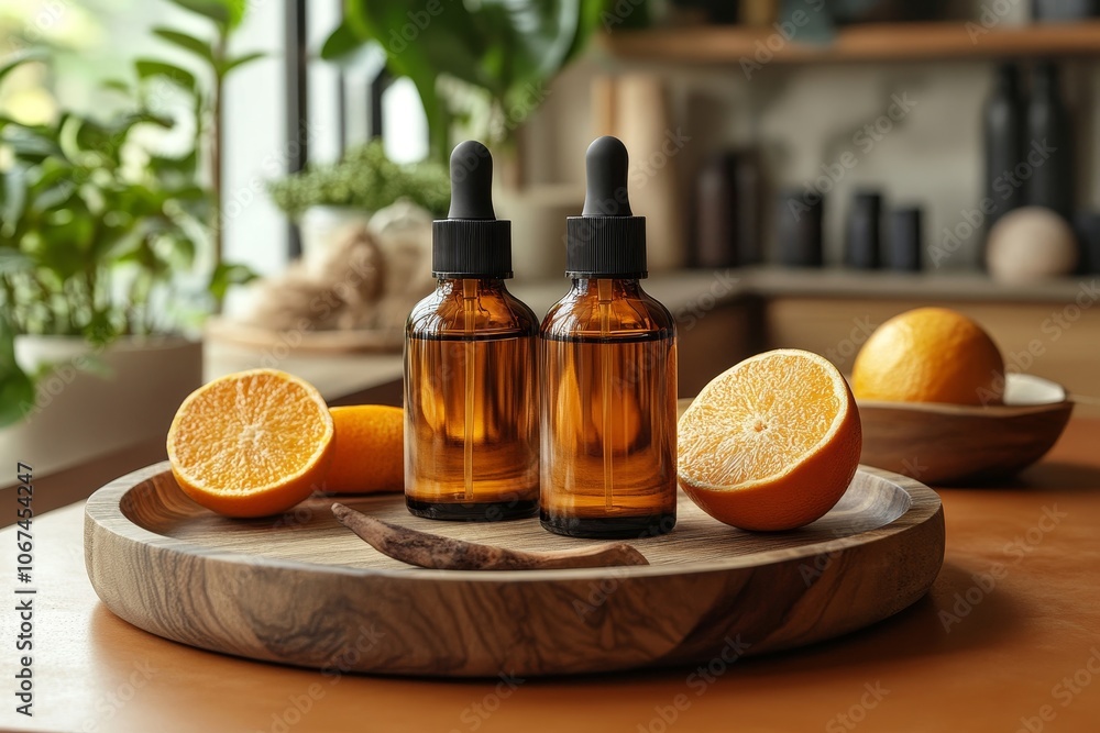 Orange Essential Oil Bottles on Wooden Tray with Fresh Oranges Orange Essential Oil Bottles on Wooden Tray with Fresh Oranges