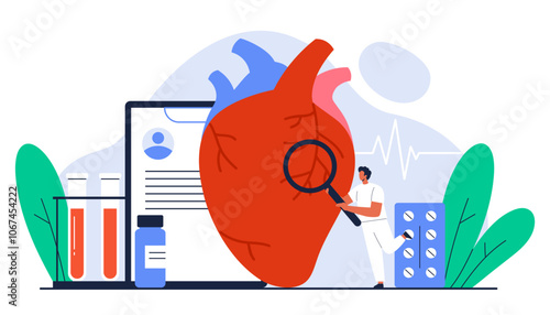 Cardiology concept.Сardiologist doctor with magnifying glass check up human heart organ. Cardiovascular disease, healthcare, treatment. Isolated vector illustration in cartoon style