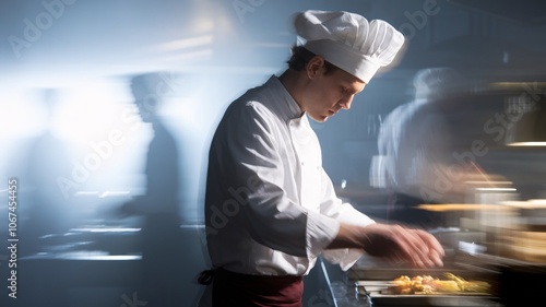 Chef's Precision:  A skilled chef meticulously prepares a dish in a bustling kitchen, showcasing the artistry and dedication behind culinary excellence.  