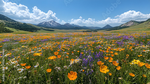 A vibrant open field filled with wildflowers under a bright blue sky, capturing the beauty and energy of nature in bloom 