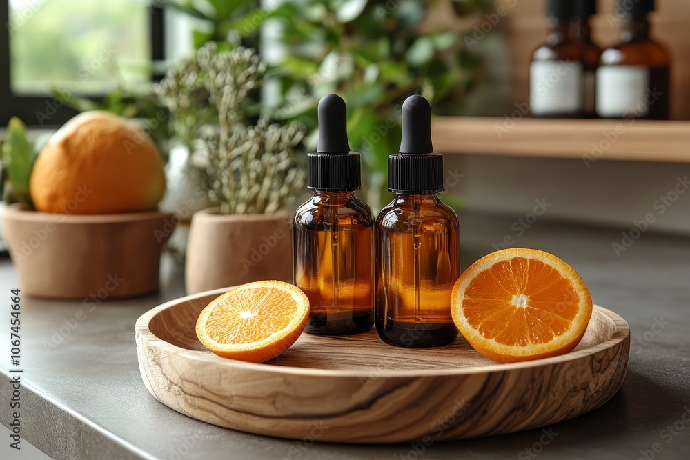 Orange Essential Oil Bottles on Wooden Tray with Slices Orange Essential Oil Bottles on Wooden Tray with Slices