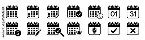 Calendar icon set. Schedule icon symbol. Containing date, schedule, month, week, appointment, agenda, organization and event icons.