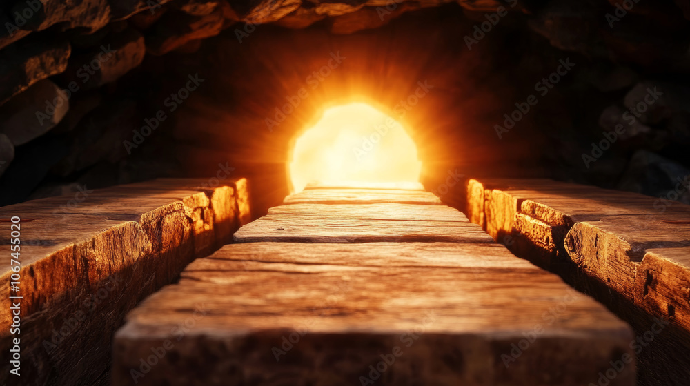 Fototapeta premium A wooden path leads into a bright, unknown future, symbolizing hope and new beginnings.