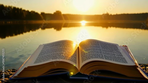 Open book on a quiet lake shore at sunset with golden reflections of light, book of life bible