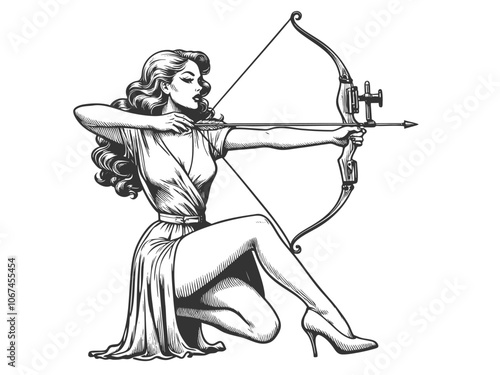 vintage-style woman drawing a bow, showcasing strength and precision sketch engraving generative ai fictional character vector illustration. Scratch board imitation. Black and white image.