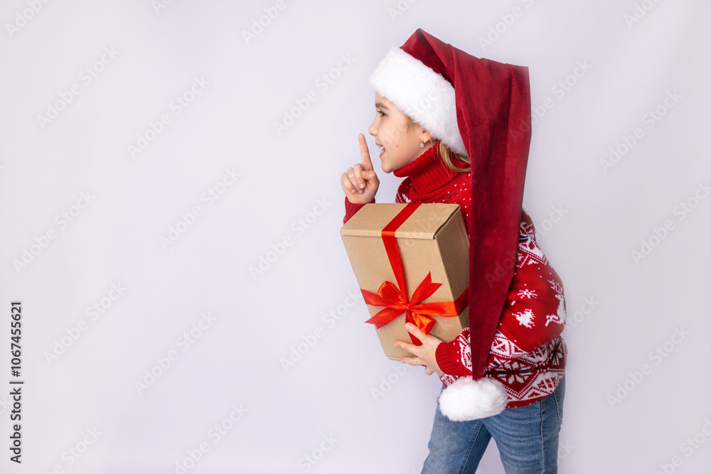A young girl wearing a festive Santa hat and sweater holds a gift and signals for quiet while standing against a plain backdrop A young girl wearing a festive Santa hat and sweater holds a gift and signals for quiet while standing against a plain backdrop