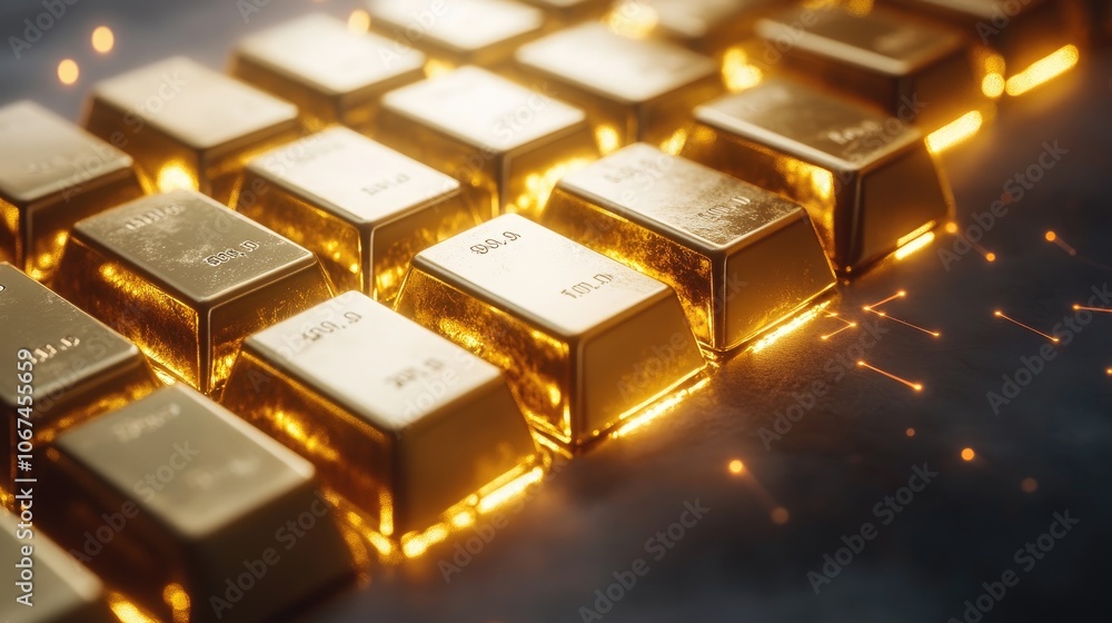 Neatly stacked gold bars with a glowing graph overlay, conveying wealth and stable investments. Neatly stacked gold bars with a glowing graph overlay, conveying wealth and stable investments.