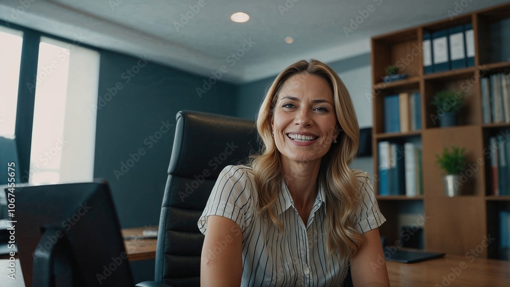 Businesswoman smiling while working at her desk in modern office Businesswoman smiling while working at her desk in modern office