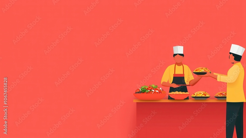Two chefs serve delicious food at a colorful restaurant, showcasing their culinary skills in a vibrant kitchen atmosphere. Two chefs serve delicious food at a colorful restaurant, showcasing their culinary skills in a vibrant kitchen atmosphere.