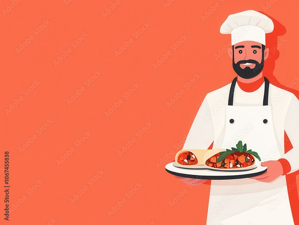 A cheerful chef in a white uniform holds a plate of delicious food against a bright orange background. A cheerful chef in a white uniform holds a plate of delicious food against a bright orange background.