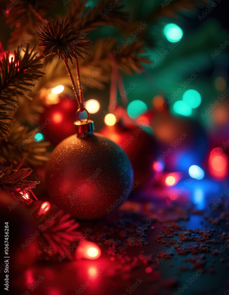Bright red baubles hang among colorful string lights on a beautifully decorated Christmas tree, creating a cheerful holiday atmosphere. Bright red baubles hang among colorful string lights on a beautifully decorated Christmas tree, creating a cheerful holiday atmosphere.