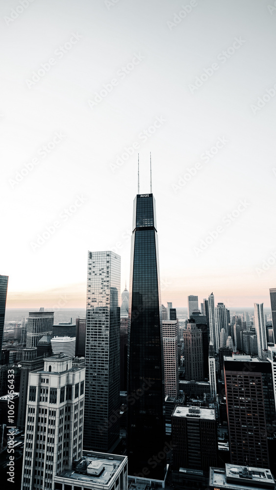 Fototapeta premium tall black skyscraper dominates a cityscape