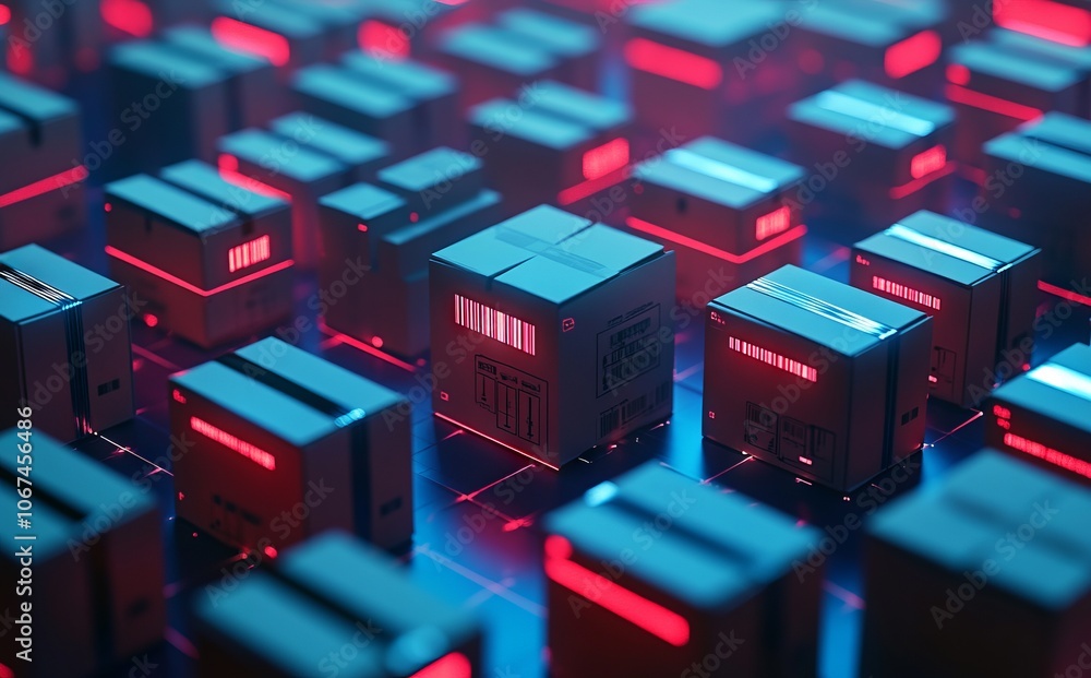 Futuristic Cardboard Boxes with Barcodes and Red Lines. AI generated illustration Futuristic Cardboard Boxes with Barcodes and Red Lines. AI generated illustration