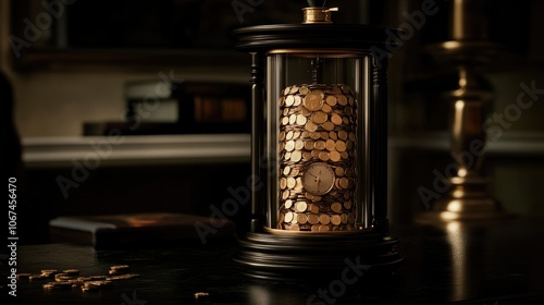 Sand clock with one chamber full of coins, showing time influence on wealth creation, placed on a dark table. --chaos 10 --ar 16:9 --v 6.1 Job ID: d3f5dc4d-df47-45e1-a559-f217414912dd photo