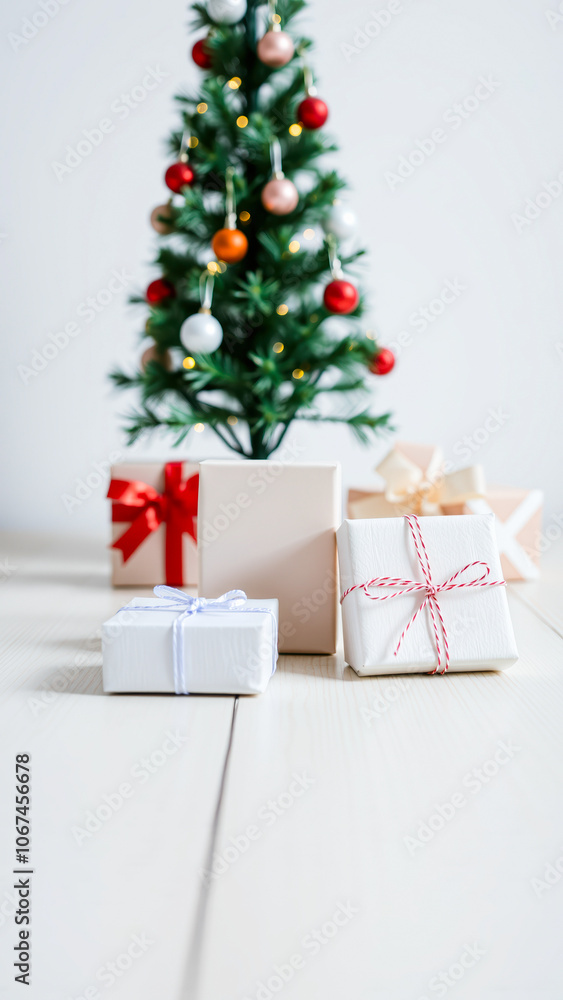 wrapped white gift boxes with red white string bows front a decorated pine tree wrapped white gift boxes with red white string bows front a decorated pine tree