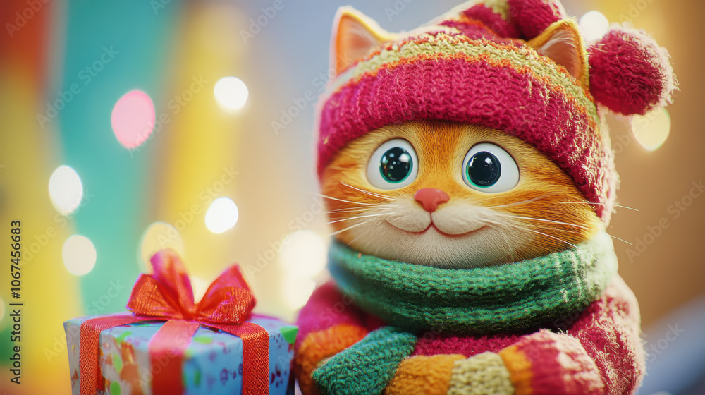 Fototapeta premium Festive cartoon cat in cozy winter attire with holiday gift box for christmas card design