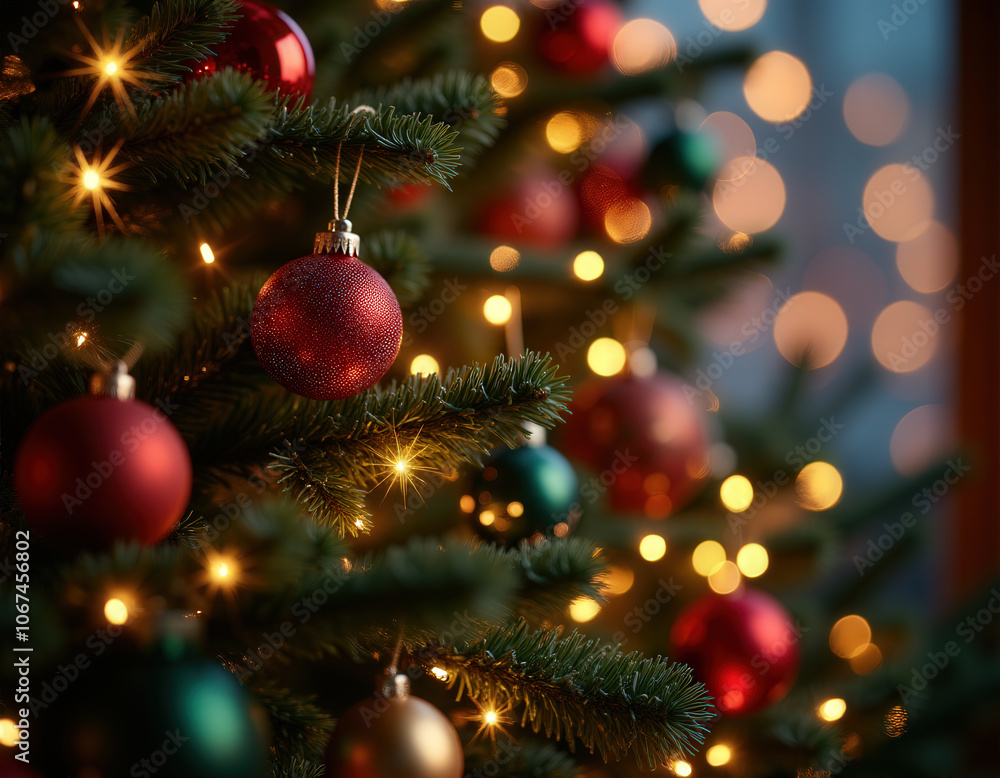 A lush Christmas tree decorated with red and gold baubles and sparkling lights, infusing the home with a warm and elegant holiday spirit, ready for celebration. A lush Christmas tree decorated with red and gold baubles and sparkling lights, infusing the home with a warm and elegant holiday spirit, ready for celebration.