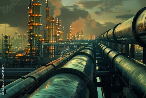 modern oil pipeline with building background, oil storage high tech. photo