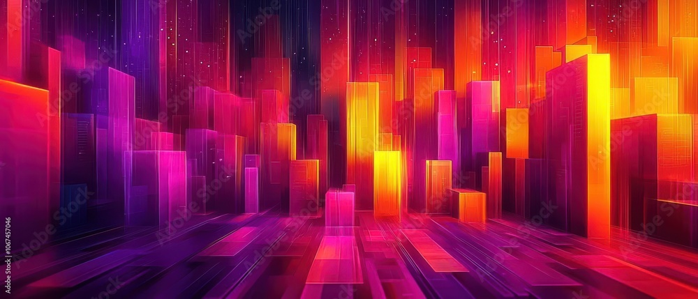 Fototapeta premium Abstract vibrant cityscape with colorful vertical shapes on dark background.