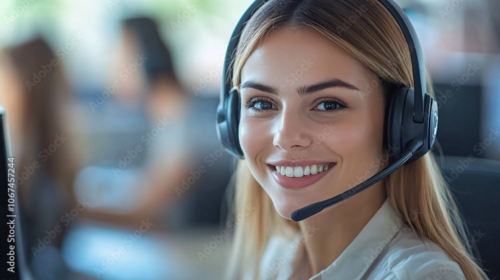 Smiling customer service representative working in call center Smiling customer service representative working in call center
