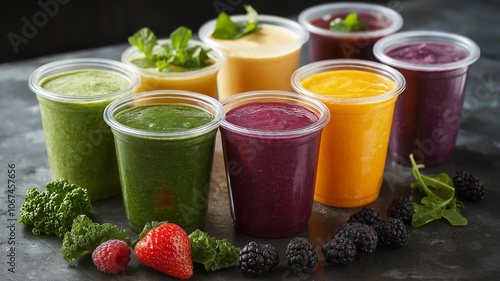 Colorful smoothies with fresh ingredients resting on table