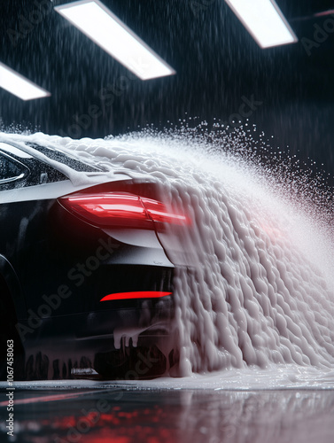 Sleek Black Car in Modern Car Wash