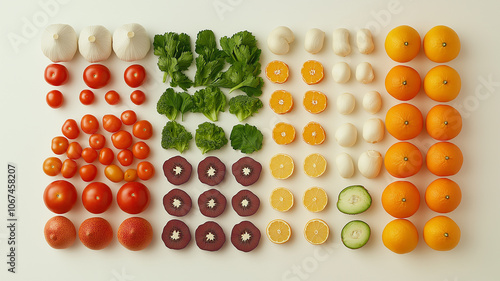 Colorful vegetables and fruits arranged in orderly rows creating a vibrant and healthy display
