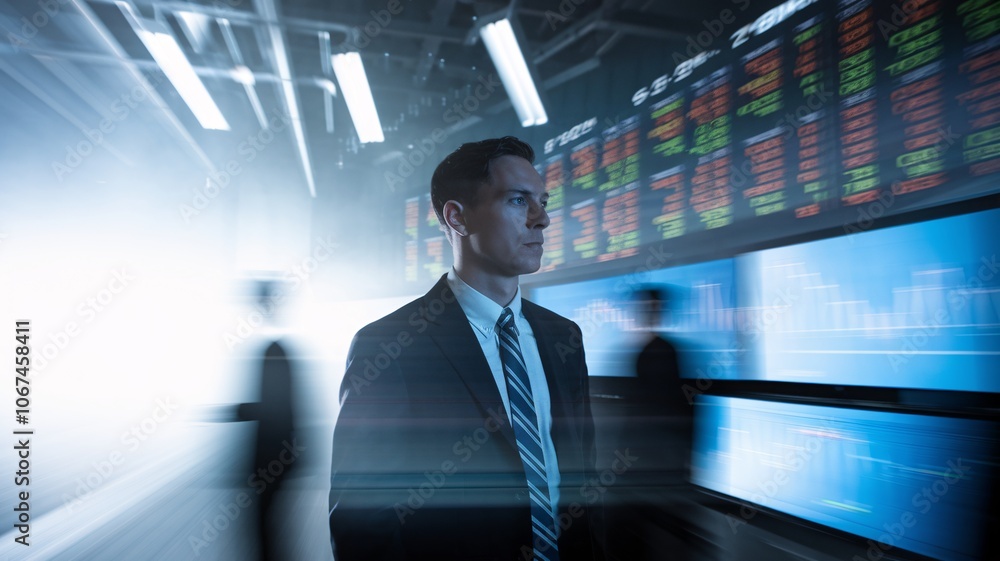 The Calm Amidst the Storm: A focused businessman stands resolute in a bustling stock exchange, surrounded by a blur of motion and data. The Calm Amidst the Storm: A focused businessman stands resolute in a bustling stock exchange, surrounded by a blur of motion and data.