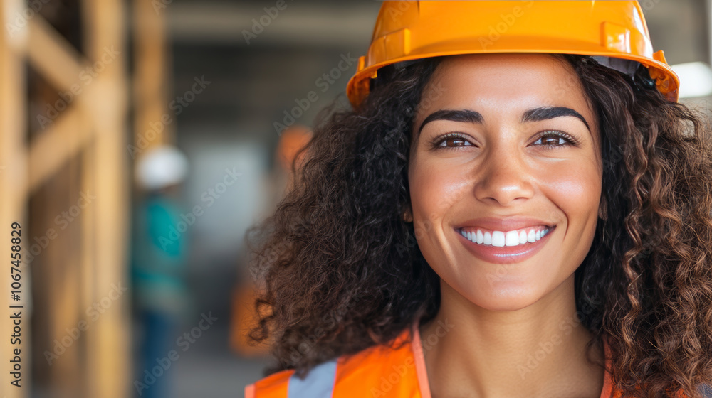 A young woman with curly brown hair smiles brightly, wearing a hard hat on a construction site. A young woman with curly brown hair smiles brightly, wearing a hard hat on a construction site.