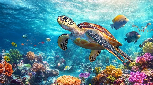 Colorful sea turtle gliding through a vibrant underwater scene filled with fish and coral reefs. AI generated illustration