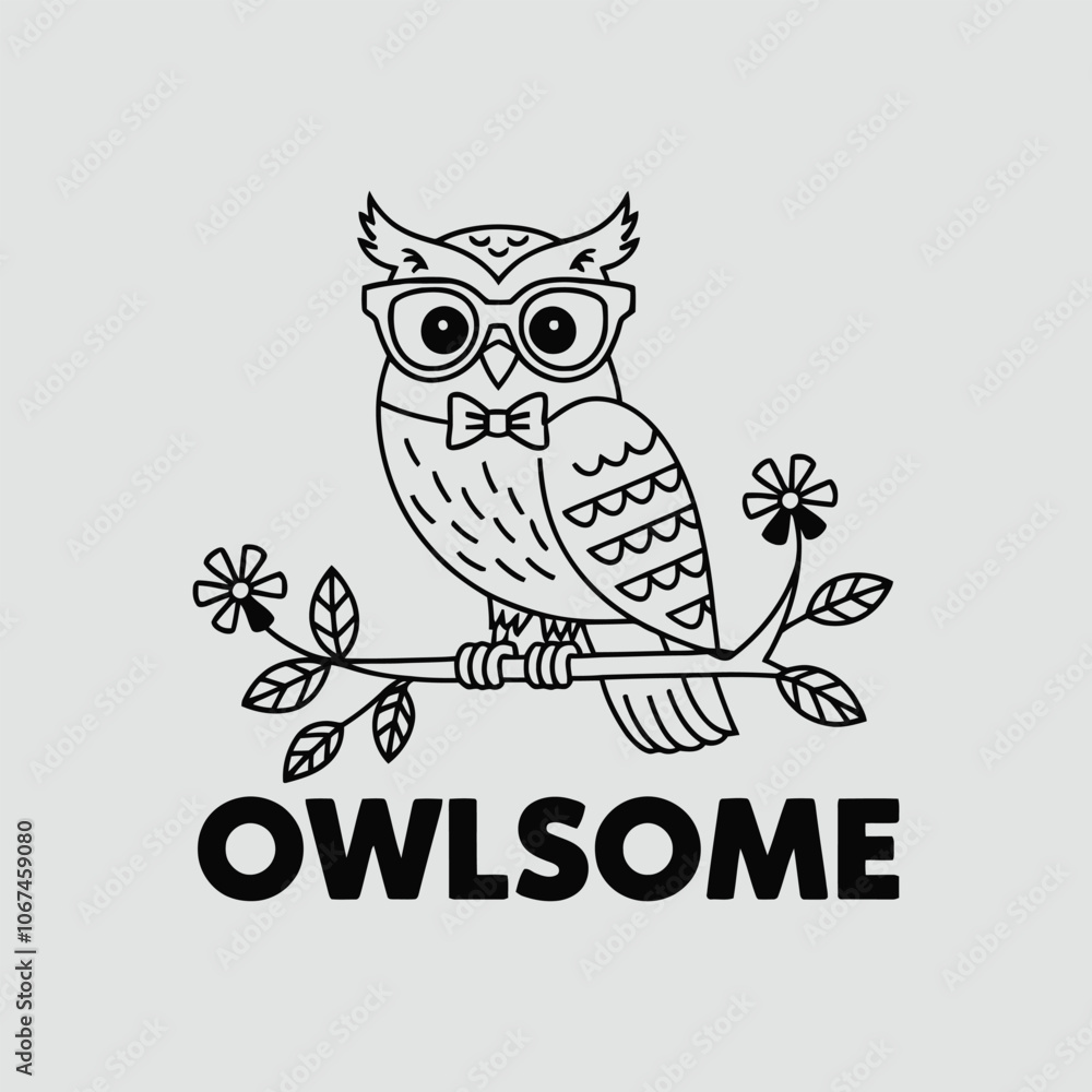 Obraz premium A black and white illustration of an owl perched on a branch