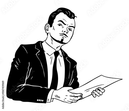 Business man in a tie with a document in his hands. Profession lawyer, prosecutor and politician. Vector black and white art illustration. Hand drawn sketch ink