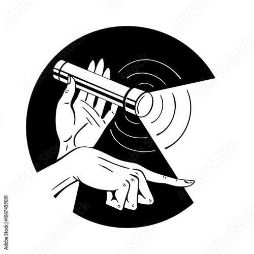 Hands with a flashlight. A woman exposes secrets, deceit and betrayal. Take by surprise. Expressive hand gesture. Search concept. Vector black and white art illustration. Comic hand drawn ink