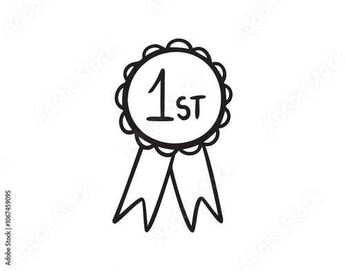 First place, winner reward, rosette hand drawn doodle icon. Medal number 1 icon Simple vector sign.