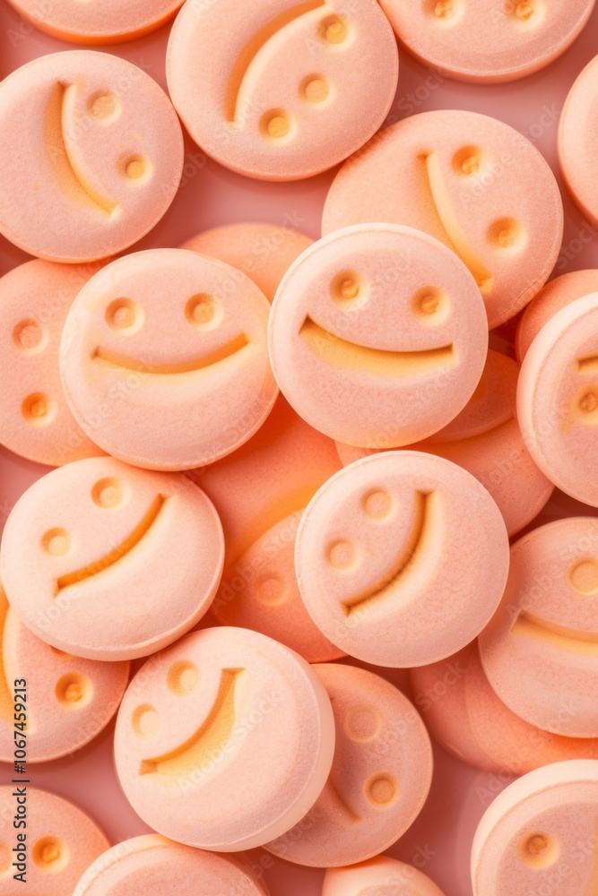 A row of round funny emoticon pills with a smiley on a pastel peach background. A row of round funny emoticon pills with a smiley on a pastel peach background.