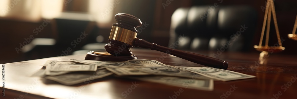 Close-up of a gavel and cash on a table, symbolizing the intersection of justice and business. AI generated illustration Close-up of a gavel and cash on a table, symbolizing the intersection of justice and business. AI generated illustration