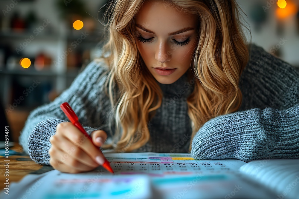 Fototapeta premium Woman student sitting at college library and studying. Girl reading notes at college campus. 