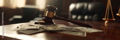 Close-up of a gavel and cash on a table, symbolizing the intersection of justice and business. AI generated illustration